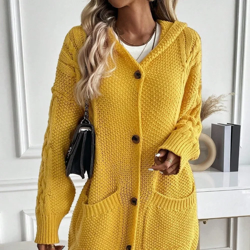 Yellow Boho Womens Dual Pocket Drop Shoulder Cable Knit Hooded Cardigan - Picture 4 of 6